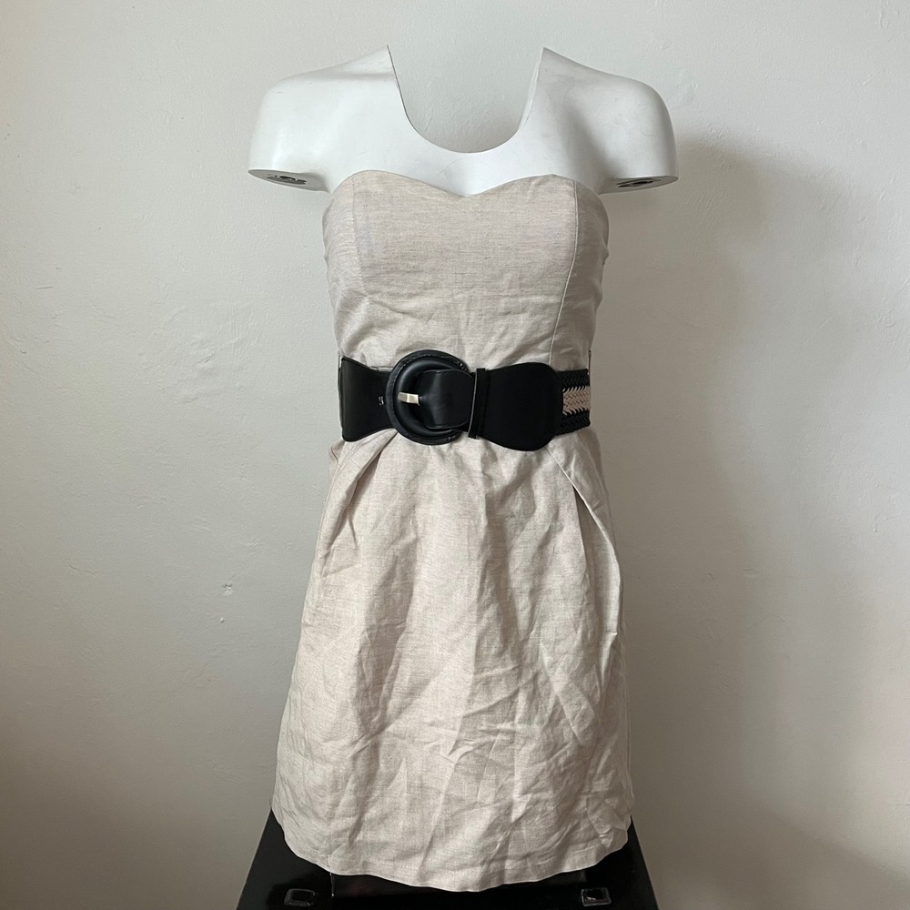 Charlotte Russe Beige Linen Blend Strapless Mini Dress with Belt